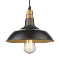 an industrial style pendant light with a black metal shade and gold trim, hanging from the ceiling