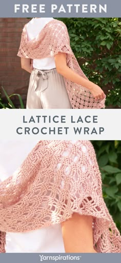 a woman wearing a lacy lace crochet wrap with text overlay that says free pattern