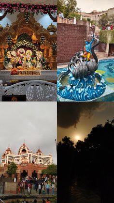 four different pictures with people walking around and an elephant statue in the foreground,