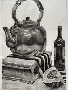 a black and white drawing of a teapot, bottle and figurine on a table