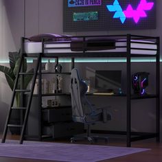 a loft bed with a desk and chair next to it in a room that has purple lights on the ceiling