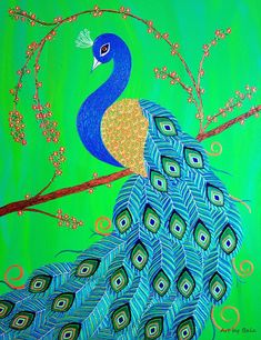 a painting of a peacock sitting on a tree branch