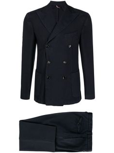 navy blue wool Blazer: wide peak lapels double-breasted button fastening long sleeves buttoned cuffs chest welt pocket two side patch pockets English rear vents Trousers: concealed front fastening slim cut straight leg two side inset pockets two rear button-fastening pockets straight hem