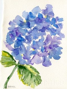 a watercolor painting of blue flowers with green leaves