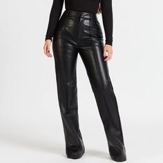 High Waisted Vegan Leather Trousers, Designed With A Longline Wide Leg, A Light Fleece Lining, Pin Tuck Front Seam Detailing And Hook And Zip Closure. Composition 100% Pu Additional Information These Trousers Have An Inseam Of 33” Black High-waisted Leather Pants For Evening, Black Straight Leg Leather Pants For Evening, Black Leather Straight Leg Pants For Evening, Black Wide Leg Leather Pants For Evening, High Waist Leather Bottoms For Evening, Chic High-waist Leather Pants For Formal Occasions, Elegant Wide Leg Leather Pants For Night Out, Chic High Waist Leather Pants For Formal Occasions, Straight Leather Pants For Office