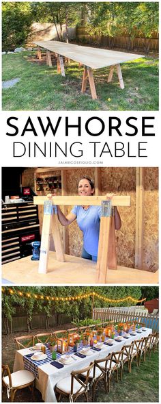 an outdoor dining table made out of wooden planks with text overlay that reads sawhorse dining table