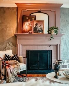 Photo via @kindredvintage Modern Fireplace Ideas, Paint Trends, Vintage Fireplace, Fireplace Mantle Decor, Paint Fireplace, Trending Paint Colors, Faux Fireplace, Fireplace Ideas, Fireplace Makeover