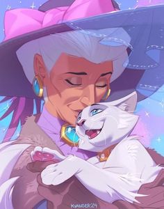 an older woman in a purple hat hugging a white cat with blue eyes and pink hair