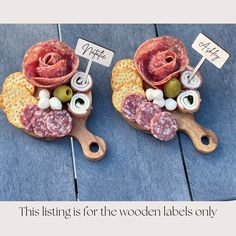 two figurines made to look like meats and vegetables on bread with the words, this listing is for the wooden labels only