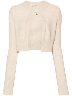 light beige knitted construction crew neck long sleeves ribbed trim metal detailing straight hem clasp fastening Indochine Interior, Virgo Rising, Cardigan Collection, Cardigan White, Wardrobe Edit, Lorenzo Serafini, Shades Of Beige, Church Decor, White Cardigan