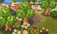 an animal crossing a bridge surrounded by trees and flowers