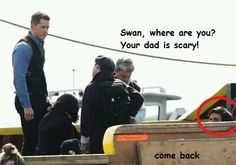 a group of people standing next to each other near a truck with the caption swan, where are you? your dad is scary