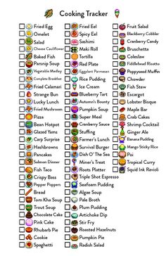 the cooking tracker is shown with many different items on it and numbers in each column