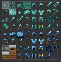 an old pixel style set of tools and materials