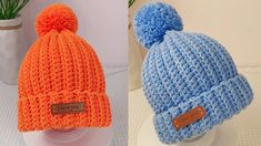 two knitted hats with leather tags on them, one in orange and the other in blue