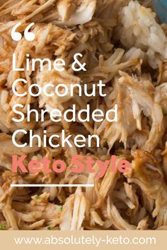 shredded chicken in a blue bowl with text overlay