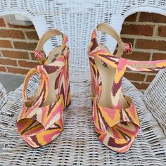 Size: 8 Brand: Nine West Vintage America Collection Heel Height: Approx 3.5 Inches Only Worn Once! It Still Looks Like Brand New. Ready For Summer Time. Nothing Wrong With It. I Just Cannot Handle High Heals Well. The Original Shoe Box Is Missing Beach Fabric Platform Heels, Multicolor Closed Toe Wedge Sandals For Party, Yellow Open Toe Wedge Sandals For Party, Summer High Heel Fabric Sandals, High Heel Fabric Sandals For Summer, Yellow Closed Toe Heels For Summer, Multicolor Open Heel Wedge Sandals For Party, Yellow High Heel Sandals For Summer, Multicolor High Heel Summer Sandals