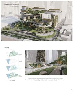 an architectural rendering of a building with trees and plants on the roof, along with other buildings