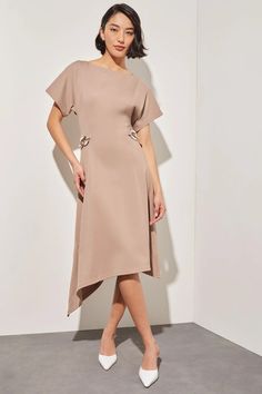 Asymmetrical Midi Dress - Chain Detail Stretch Ponte | Ming Wang Elegant Formal Dresses With Chain Strap, Elegant Cocktail Dress With Chain Strap, Elegant Cocktail Dresses With Chain Strap, Elegant Spring Dresses With Chain Strap, Garment Inspiration, Asymmetrical Midi Dress, Designer Knitwear, Knitwear Design, Java