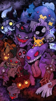 a bunch of strange looking cartoon characters with glowing eyes and fangs on their faces, all in different colors