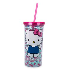 a hello kitty tumbler cup with a pink straw