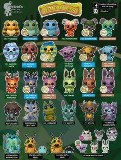 an info sheet showing the different types of pop vinyl figures from pokemon world, including pikachu and eebi