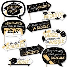 graduation party photo booth props with black and gold colors, including one for each graduate