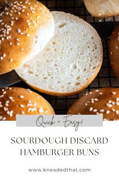 several hamburger buns on a cooling rack with text overlay that reads quick easy sourdough discard hamburger buns