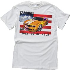 This Camaro T-Shirt features a bold design and bright colors. A Camaro products graphic application on each shirt is from our custom art concepts. The T-Shirt for all Camaro fans, it is made of 100% cotton for comfort and durability. Each T-Shirt has a 7/8" collar and is double stitched on the neckline, bottom hem and sleeves and is also quarter turned. The T-Shirt is printed in an 8-color inkjet process for durable, vibrant colors and impactful Camaro graphics. Yellow Graphic Print T-shirt For Fans, Yellow Graphic Design Tops For Fan Merchandise, Casual White Sublimation T-shirt With Front Print, Casual White Sublimation Tee With Front Print, Yellow Casual Sublimation T-shirt With Graphic Print, Yellow Graphic Tee With Sublimation Print, Yellow Sublimation Print Graphic Tee, Multicolor Fan Merchandise Top With Front Print, Fan Apparel White Sublimation Design With Graphic Print