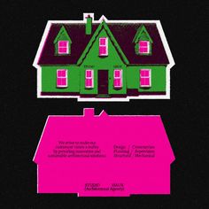 a pink and green house on top of a black background with the words, home