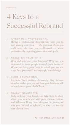 the four keys to a successful re - brand info sheet, with text below it