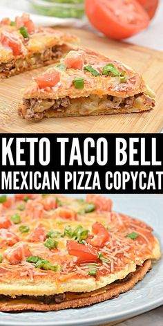 the keto taco bell mexican pizza is cut in half and ready to be eaten