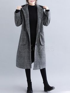 Loose Plaid Woolen Hood Coat – uoozee Woolen Coat Woman, Winter Overcoat, Sleeveless Short Dress, Women Overcoat, Sleeves Clothing, Long Sleeves Coats, Loose Outfit, Woolen Coat, Vintage Coat