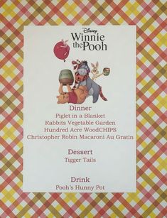 the menu for winnie the pooh is displayed on a checkered paper tablecloth