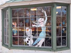 Completely freehand drawn Olaf and Elsa, winter 2014 window. Olaf And Elsa, Frozen Snow, Christmas Window Display, Winter Window, Anna Frozen