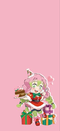 an anime character holding a cake on top of a pink background