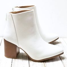 Step Out In These Stylish Versatile Ankle Boots New In Box Vegan Leatherette Material Pointy Toe Back Zipper For Easy Shoe Removal Lightly Padded Insole Comfy Block Heels Heel Height: 2.5 In. Fitting: True To Size. Regular Foot Width. Whote Boots, White Booties With Stacked Block Heel, White Booties With Stacked Heel, White Stacked Heel Ankle Boots, Trendy White Booties With Stacked Heel, Trendy White Booties With Block Heel, Short White Boots, Chunky Heel Ankle Boots, Heel Ankle Boots