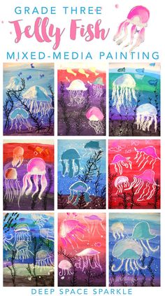 an image of jelly fish mixed media painting with text overlay that reads, grade three jelly fish mixed media painting deep space sparkle