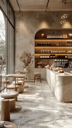 the interior of a restaurant with marble counter tops