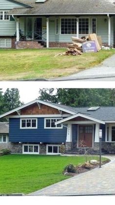 before and after photos of a house with siding on the front, and in the back