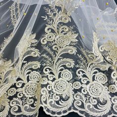 Beaded & Corded Bridal Lace Fabric Embroidered on 100% Polyester Net Mesh | Lace USA Quinceanera Crown, Corded Lace Fabric, Lace Fabrics, Bridal Lace Fabric, Embroidered Lace Fabric, Corded Lace, Bridal Tiara, Champagne Color, Dresses Evening