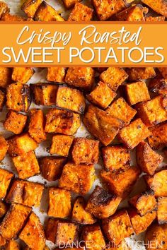 cubed sweet potatoes on a sheet pan Fall Side Dish Recipes, Roasted Sweet Potato Cubes, Sweet Potato Oven, Sweet Potato Side Dish, Sweet Potato Recipes Roasted, Sweet Potato Sides, Sweet Potato Recipes Healthy, Side Orders, Cubed Sweet Potatoes