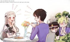 two people sitting at a table with flowers in front of them and one person eating food