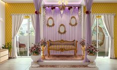 a room decorated in purple and gold with mirrors on the wall, furniture, and flowers