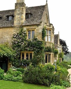 an old stone house with ivy growing on it's walls and windows, surrounded by lush greenery