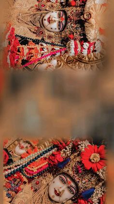 an image of the face and head of a woman with flowers in her hair, surrounded by other images