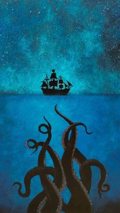 an octopus and ship in the ocean