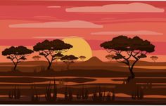 the sun is setting behind some trees in an african landscape with water, grass and bushes