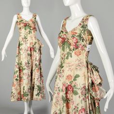 Sleeveless floral gown with ruching at the bust, and a bow sash attached at the side of the waist. A lovely lightweight dress for the spring season.  Condition: Very Good Condition Details: Subtle yellowing throughout, the discoloration is even and not obvious. Skirt has several spots scattered throughout and darkening around the hemline, these issues hide well in the floral print. The center front seam and the wearer's right side seam between the bust and waist have previously been taken in and let out, leaving stitching scars in the fabric. The shoulder straps have previously been shortened and let out leaving stitching scars at the shoulders. Size Marked: Unmarked Approximate Size: Medium **Please Check Measurements to be Sure! Textile: Unmarked, Cotton Lining Type: Partially Lined Clos Formal Dress Floral, Spring Gown, Flowy Silk Dress, Bow Sash, Floral Dress Formal, Silk Dress Long, Spring Floral Dress, Dress Flowy, Sleeveless Gown