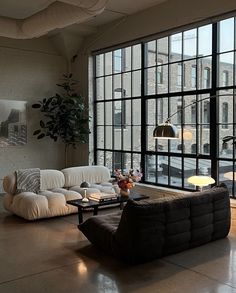 a living room filled with furniture and large windows